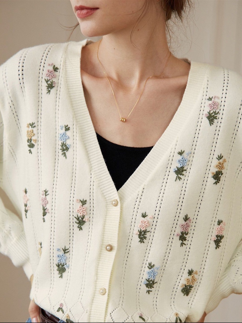 Cream Floral Embroidered Button-Front Cardigan